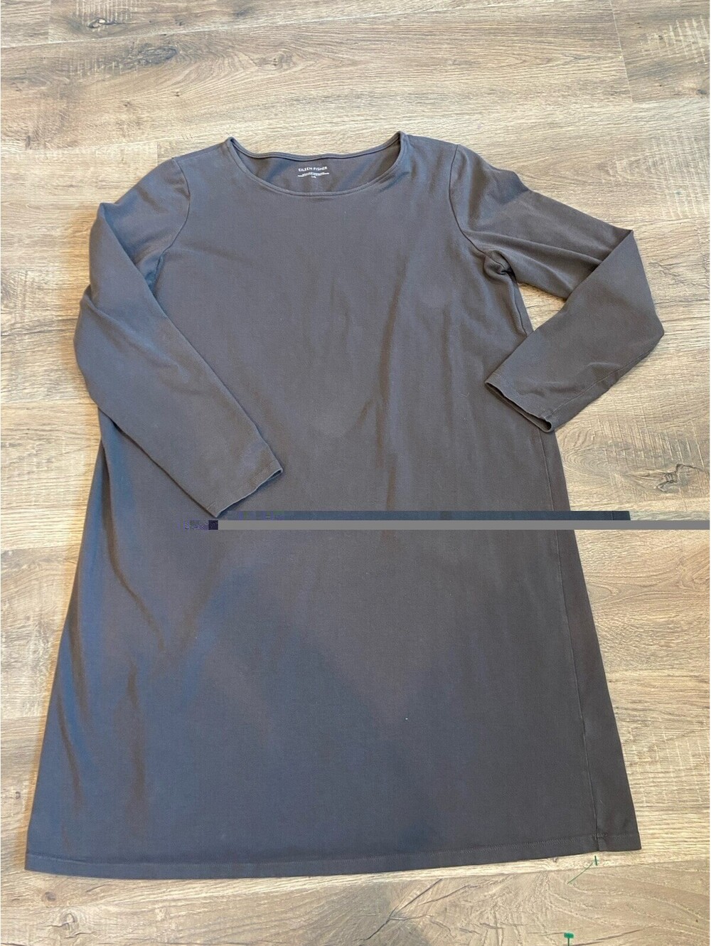 EILEEN FISHER Dress L Stretch Organic Cotton Jersey Shift Long Sleeve Gray USA
